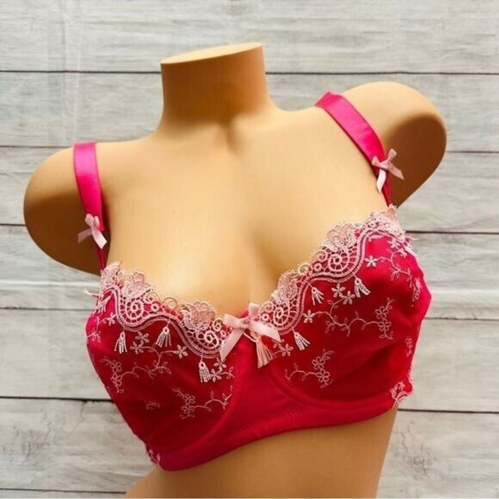 ADORE ME Bra‎ 32H Pink Lace Balconette  Sheer Push Up Floral Bow Adjustable NWT